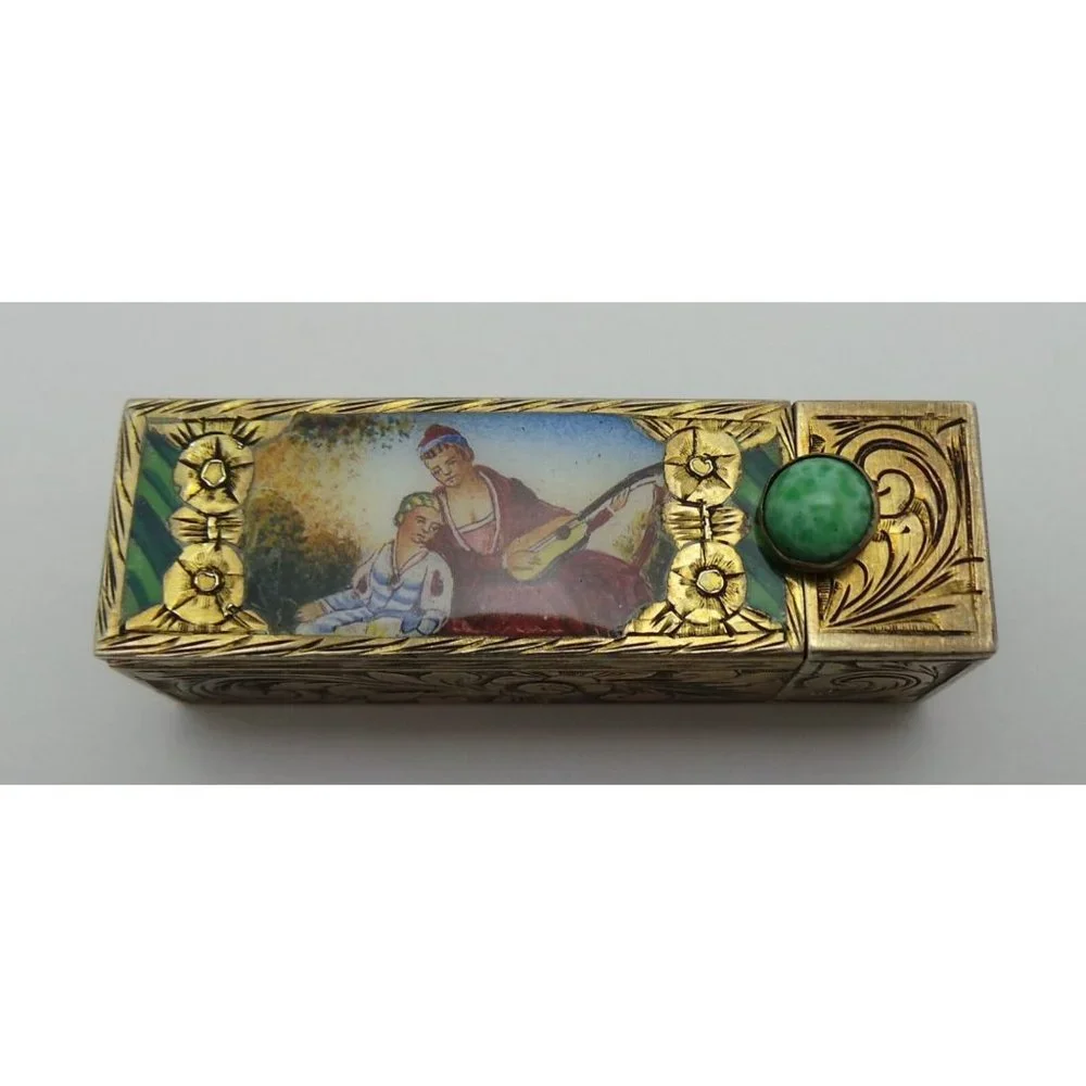 Vintage Antique 800 Sterling Silver Italian Musical Scene Enamel Mirror Lipstick